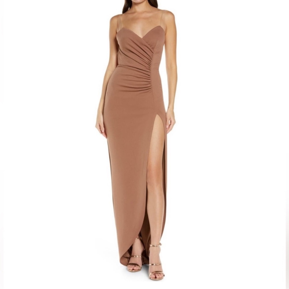 Katie May cocoa brown ruched illusion mesh strap maxi gown